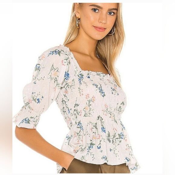 SAYLOR clover smock floral cotton gauze blouse top shirt square neckline size L - Picture 1 of 13